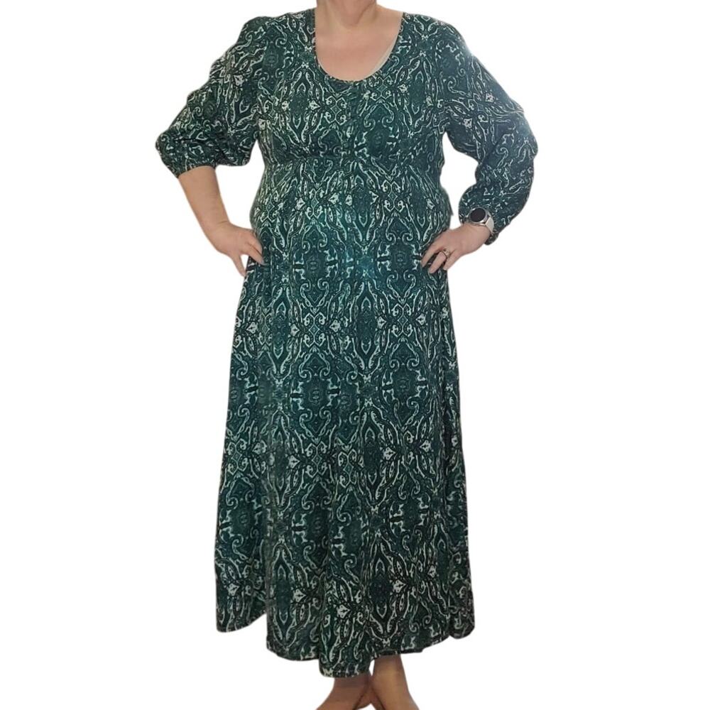 NEW June + Vie Plus Size 14/16 Green Paisley Boho Front Button Maxi Dress Rayon